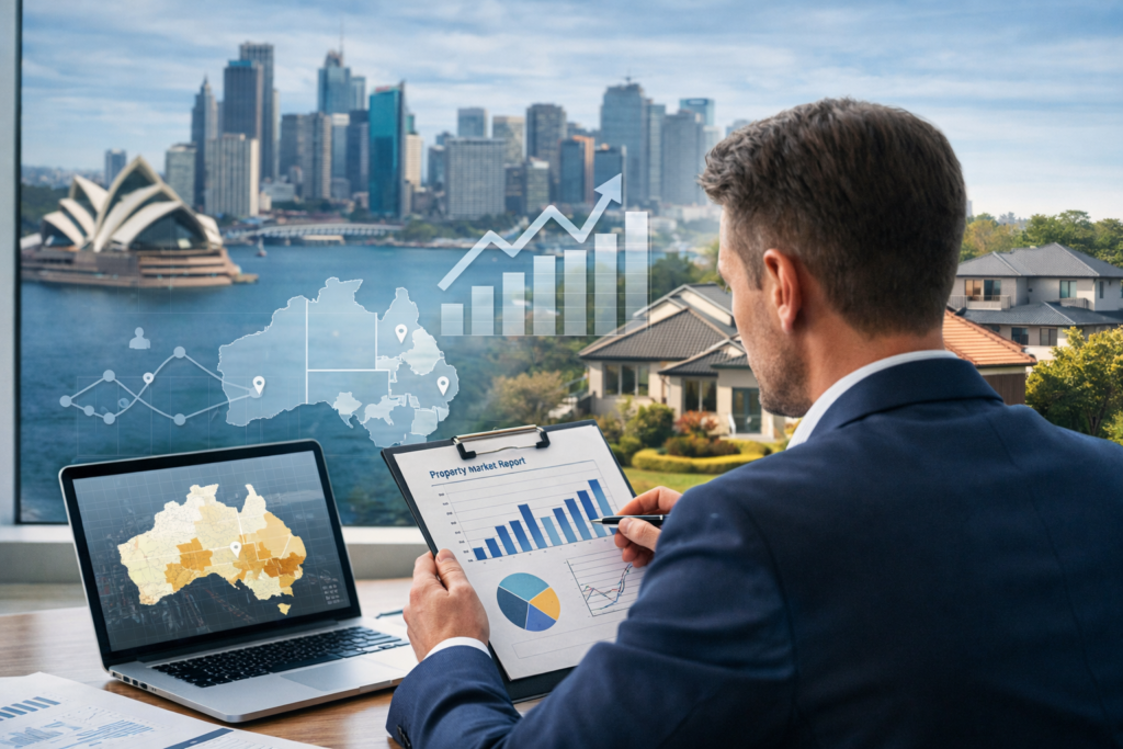 Investor reviewing Australian property market data with Sydney skyline and regional homes.